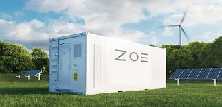Weißer Energiespeicher mit der Aufschrift ZOE, umgeben von Solarpanelen und einem Windrad. TEAtherm in Dinkelsbühl